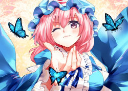 Rule 34 | 1girl, blue hat, blue kimono, bug, butterfly, butterfly on hand, commentary, expressionless, foreshortening, gradient background, hair between eyes, hat, heart, heart-shaped pupils, insect, japanese clothes, kimono, long sleeves, looking at viewer, mob cap, nagare, one eye closed, outstretched hand, pink background, pink hair, purple eyes, saigyouji yuyuko, short hair, smile, solo, standing, symbol-shaped pupils, touhou, triangular headpiece, upper body, wide sleeves, yellow background