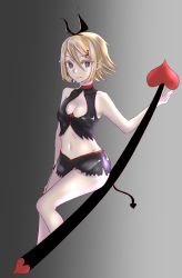 Rule 34 | 1girl, absurdres, black bow, black shorts, blonde hair, bow, breasts, cleavage, cleavage cutout, closed mouth, clothing cutout, crop top, cropped legs, demon tail, gradient background, grey background, grey eyes, groin, hair between eyes, hair bow, hair ornament, highres, kagamine rin, looking at viewer, midriff, navel, ponta (poqpon), short hair, short shorts, shorts, side slit, slit pupils, small breasts, smile, solo, stomach, tail, vocaloid