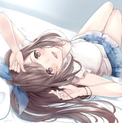 Rule 34 | 1girl, :d, blue skirt, bracelet, breasts, breasts apart, brown hair, commentary request, hair spread out, hands up, idolmaster, idolmaster shiny colors, irohakaede, jewelry, large breasts, legs up, light particles, long hair, looking at viewer, lying, on back, on bed, open mouth, pink eyes, pleated skirt, ponytail, shirt, skirt, smile, solo, tsukioka kogane, upside-down, white shirt