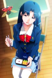 Rule 34 | 1girl, blue eyes, blue hair, feet out of frame, from above, fujiwara aya, long hair, on chair, school uniform, sitting, solo, super real mahjong, tanaka ryou, thighhighs, white thighhighs, wooden floor
