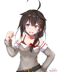 Rule 34 | 1girl, ahoge, alternate costume, artist name, baileys (tranquillity650), bare shoulders, belt, black bra, blue eyes, bra, braid, breasts, brown hair, cleavage, clenched hand, collarbone, commentary, detached sleeves, hair between eyes, hair flaps, hair ornament, hair ribbon, hand on own hip, highres, kantai collection, long sleeves, looking at viewer, looking to the side, medium breasts, open mouth, ribbon, shigure (kancolle), shigure kai ni (kancolle), shirt, short hair, sidelocks, signature, simple background, single braid, sleeveless, sleeveless shirt, solo, underwear, white background