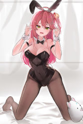 Rule 34 | 1girl, 35p (sakura miko), absurdres, ahoge, alternate costume, animal ears, bare shoulders, bell, breasts, cleavage, covered navel, double fox shadow puppet, fake animal ears, fox shadow puppet, green eyes, hair bell, hair ornament, hairclip, highres, hololive, leotard, long hair, looking at viewer, lovelyme, open mouth, pantyhose, pink hair, playboy bunny, sakura miko, sweat, virtual youtuber