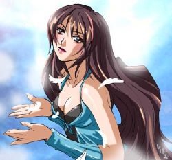 Rule 34 | 1990s (style), 1girl, arm warmers, bare shoulders, blue dress, blush, breasts, brown eyes, brown hair, cleavage, closed mouth, collarbone, dress, feathers, female focus, final fantasy, final fantasy viii, gradient background, head tilt, long hair, looking at viewer, lowres, medium breasts, pink lips, retro artstyle, rinoa heartilly, shiny skin, sigeo2000, signature, sleeveless, sleeveless dress, solo, very long hair