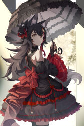 Rule 34 | 1girl, absurdres, animal ear fluff, animal ears, black dress, black hair, black nails, breasts, commentary request, dress, hair between eyes, hair ornament, hairclip, highres, holding, holding umbrella, hololive, long hair, looking at viewer, looking back, medium breasts, multicolored hair, nail polish, ookami mio, red hair, solo, streaked hair, toga (toganawa), umbrella, virtual youtuber, wolf ears, wolf girl, yellow eyes
