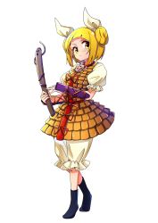 Rule 34 | 1girl, absurdres, armor, baba (baba seimaijo), blonde hair, commentary request, double bun, full body, hair bun, hair ribbon, haniwa (statue), highres, joutouguu mayumi, looking at viewer, puffy pants, puffy short sleeves, puffy sleeves, ribbon, short hair, short sleeves, simple background, solo, standing, touhou, vambraces, white background, white ribbon, yellow eyes