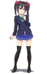 Rule 34 | 10s, 1girl, black hair, black thighhighs, blazer, bow, bowtie, buttons, cardigan, full body, hair bow, highres, jacket, long sleeves, looking at viewer, love live!, love live! school idol project, pleated skirt, red eyes, school uniform, shadow, shirt, shoes, short hair, short twintails, simple background, skirt, solo, standing, tetopetesone, thighhighs, twintails, white background, white shirt, yazawa nico, zettai ryouiki