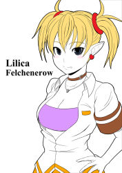 Rule 34 | 1girl, aq interactive, arcana heart, atlus, blonde hair, blue eyes, blush, breasts, character name, choker, cleavage, earrings, examu, face, fang, jewelry, lilica felchenerow, pointy ears, simple background, smile, solo, tomatto (@ma!), twintails