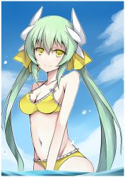 Rule 34 | 1girl, aqua hair, bikini, blush, breasts, cleavage, cloud, day, fate/grand order, fate (series), hair ribbon, head tilt, horns, kiyohime (fate), kiyohime (fate/grand order), kiyohime (swimsuit lancer) (fate), kiyohime (swimsuit lancer) (first ascension) (fate), kotaka, light smile, long hair, looking at viewer, navel, partially submerged, ribbon, sky, smile, solo, standing, swimsuit, twintails, very long hair, water, yellow bikini, yellow eyes