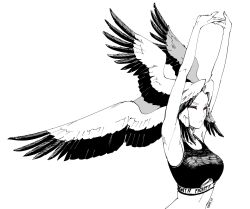 Rule 34 | 1girl, armpits, arms up, breasts, closed eyes, frown, greyscale, head wings, heather (pikat), highres, large breasts, large head wings, monochrome, multicolored hair, original, pikat, solo, sports bra, spot color, stretching, two-tone hair, upper body, watermark, web address, wings