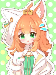 1girl :o ahoge animal_ear_fluff animal_ears arknights blush brown_hair commentary dress flying_sweatdrops green_background green_dress green_eyes high_collar highres jewelry medium_hair open_mouth outline papyrus_(arknights) polka_dot polka_dot_background solo upper_body white_dress white_outline yopi_(user_wdgp8532)