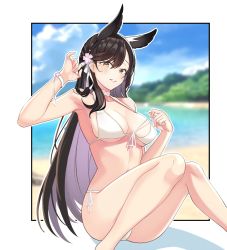 Rule 34 | 1girl, animal ears, armpits, atago (azur lane), atago (summer march) (azur lane), atago (summer march) (azur lane), azur lane, bare legs, beach, bikini, blue sky, blurry, blurry background, blush, breasts, brown hair, choker, cleavage, closed mouth, cloud, cloudy sky, commentary, day, eyelashes, flower, hair between eyes, hair flower, hair ornament, highres, knees together feet apart, large breasts, long hair, looking at viewer, mole, mole under eye, navel, ocean, official alternate costume, outdoors, outline, outside border, parted bangs, pink flower, side-tie bikini bottom, sitting, sky, smile, solo, straight hair, string pull, swimsuit, thighs, white bikini, white choker, wristband, xiaoxiao de kuangsan, yellow eyes