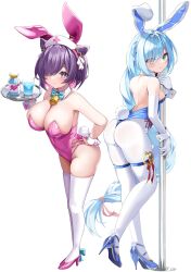 Rule 34 | 2girls, absurdres, alternate costume, animal ears, ass, azur lane, backless leotard, bare back, bare shoulders, bell, blue footwear, blue leotard, bow, bowtie, breasts, cleavage, cone hair bun, detached collar, double bun, elbow gloves, elegant (sumisumi4268), fake animal ears, fake tail, full body, gloves, green eyes, hair bun, hair over one eye, hand on own ass, hat, high heels, highleg, highleg leotard, highres, holding, holding tray, janus (azur lane), jervis (azur lane), large breasts, leaning forward, leotard, long hair, looking at viewer, medium breasts, medium hair, multiple girls, neck bell, nurse cap, oppai loli, pantyhose, pink footwear, pink leotard, playboy bunny, pole, purple eyes, purple hair, rabbit ears, rabbit tail, shoes, siblings, simple background, sisters, stiletto heels, strapless, strapless leotard, stripper pole, tail, thigh strap, thighhighs, tray, very long hair, white background, white gloves, white pantyhose, white thighhighs, wrist cuffs