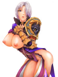Rule 34 | 1girl, armlet, armor, ass, breast suppress, breastless clothes, breasts, breasts out, choker, cleavage, cowboy shot, cross-laced clothes, female focus, flower, from side, garter straps, gauntlets, gloves, groin, hair over one eye, high collar, highleg, highleg leotard, highres, isabella valentine, lace, large breasts, leaning forward, leotard, lips, looking at viewer, nipples, pants, parted lips, pauldrons, pocari66, puffy nipples, purple eyes, short hair, shoulder armor, simple background, single gauntlet, skull, snake, solo, soul calibur, soulcalibur, soulcalibur v, thighhighs, very short hair, white background, white hair