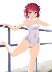 Rule 34 | 1girl, :&gt;, absurdres, android, bare legs, barefoot, blush, breasts, closed mouth, commentary, dallim, dorothy haze, finger to mouth, foot out of frame, hairband, hand on railing, highres, joints, looking at viewer, one-piece swimsuit, red eyes, red hair, robot joints, shadow, short hair, simple background, small breasts, smile, solo, standing, standing on one leg, stretching, swimsuit, va-11 hall-a, white background, white hairband, white one-piece swimsuit
