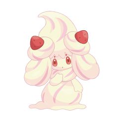 Rule 34 | absurdres, alcremie, alcremie (strawberry sweet), alcremie (vanilla cream), artist request, brown eyes, colored sclera, creatures (company), food, fruit, full body, game freak, gen 8 pokemon, hand up, highres, looking at viewer, nintendo, no humans, official art, open mouth, outline, pokemon, pokemon (creature), pokemon swsh, red sclera, simple background, solo, standing, strawberry, transparent background, white outline