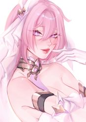 Rule 34 | 1girl, absurdres, artist name, breasts, cleavage, collarbone, diamond-shaped pupils, diamond (shape), elysia (herrscher of human:ego) (honkai impact), elysia (honkai impact), gloves, hair ornament, highres, honkai (series), honkai impact 3rd, lart art1, looking at viewer, pink hair, solo, symbol-shaped pupils, tongue, tongue out