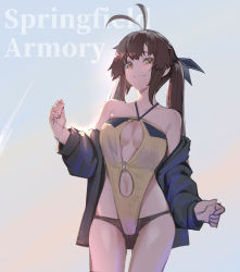 Rule 34 | 1girl, antenna hair, breasts, brown eyes, brown hair, cleavage, closed mouth, clothing cutout, cowboy shot, english text, girls&#039; frontline, highres, long hair, looking at viewer, m14 (girls&#039; frontline), medium breasts, navel, navel cutout, solo, swimsuit, twintails, warashi
