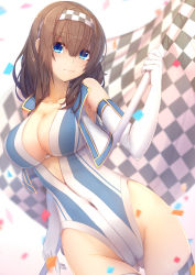 Rule 34 | 1girl, adapted costume, alternate costume, bare shoulders, black hair, blue eyes, blush, breasts, checkered flag, cleavage, closed mouth, collarbone, covered navel, cowboy shot, detached sleeves, elbow gloves, flag, gloves, gluteal fold, hairband, highleg, highleg leotard, highres, holding, idolmaster, idolmaster cinderella girls, idolmaster cinderella girls starlight stage, jewelry, large breasts, leotard, light smile, long hair, looking at viewer, navel, pendant, race queen, sagisawa fumika, solo, tatapopo, thighhighs, thighs