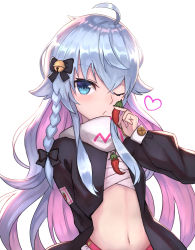 Rule 34 | 1girl, absurdres, ahoge, bell, black bow, black jacket, blue eyes, blue hair, bow, braid, chili pepper, closed mouth, commentary request, copyright request, food, hair bell, hair bow, hair ornament, hand up, heart, highres, holding, holding food, jacket, jingle bell, kagura nana, long hair, long sleeves, looking at viewer, masaki (msk064), multicolored hair, navel, one eye closed, open clothes, open jacket, pink hair, puffy long sleeves, puffy sleeves, sarashi, side braid, simple background, single braid, solo, stomach, two-tone hair, very long hair, virtual youtuber, white background