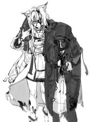 Rule 34 | 1girl, 1other, animal ears, arknights, blood, blood on clothes, carrying, carrying person, closed mouth, doctor (arknights), dress, fox ears, gloves, greyscale, highres, hood, hood up, hooded coat, kal&#039;tsit (arknights), lab coat, lenereco, long sleeves, looking at viewer, monochrome, shaded face, stethoscope, torn clothes, watch, wristwatch