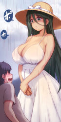 Rule 34 | 1boy, 1girl, :o, age difference, blush, breasts, child, cleavage, dress, empty eyes, green eyes, green hair, hair between eyes, hasshaku-sama, hat, hhh (wave), huge breasts, long hair, long hair between eyes, onee-shota, open mouth, original, outdoors, rain, size difference, sundress, sweat, tall, tall female, urban legend, white dress