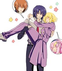 Rule 34 | 1boy, 1girl, absurdres, arm around neck, athrun zala, black pants, blonde hair, blue hair, blueblue929, body switch, brown hair, cagalli yula athha, carrying, closed eyes, couple, formal, grey shirt, gundam, gundam seed, gundam seed freedom, hair ornament, highres, kira yamato, lacus clyne, necktie, pant suit, pants, personality switch, pink hair, princess carry, purple pants, purple suit, red necktie, shirt, short hair, smile, suit, thought bubble, white background