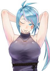 Rule 34 | 1girl, absurdres, anobaith, armpits, arms behind head, azura cecillia, blue eyes, blue hair, blush, breasts, dress, grey dress, hair tie in mouth, halter dress, halterneck, highres, indonesian commentary, jewelry, looking to the side, medium breasts, mouth hold, multicolored hair, necklace, nijisanji, nijisanji id, one eye closed, pink hair, ponytail, smile, solo, streaked hair, tying hair, upper body, virtual youtuber, white background