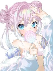 Rule 34 | 1girl, bare shoulders, blue eyes, blush, bra, candy, covering own mouth, double bun, flat chest, food, gradient hair, hair bun, hand on own head, highres, holding, holding candy, holding food, holding lollipop, jacket, lollipop, looking at viewer, medium hair, multicolored hair, off shoulder, open clothes, open jacket, original, pink hair, simple background, solo, subetehakai, swirl lollipop, two-tone hair, underwear, upper body, white background, white bra, white hair, white jacket