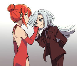 Rule 34 | 1boy, 1girl, alternate costume, arm behind back, bare shoulders, bow, bowtie, brown bow, brown bowtie, brown suit, dress, elbow gloves, feet out of frame, formal, from side, gloves, green eyes, grey hair, hair bun, hatori chise, hetero, holding hands, joseph cartaphilus, leaning forward, long hair, mahou tsukai no yome, medium hair, mole, mole under eye, red dress, red gloves, red hair, smile, suit, swept bangs, ukata