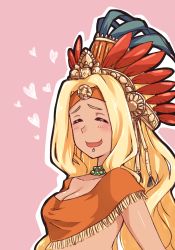 Rule 34 | 1girl, blonde hair, blush, breasts, choker, cleavage, crown, closed eyes, fate/grand order, fate (series), headband, heart, long hair, pink background, quetzalcoatl (fate)