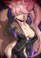 Rule 34 | 1girl, animal ear fluff, animal ears, artist name, black choker, black gloves, blush, bow, breasts, brown eyes, choker, cleavage, collarbone, contrapposto, fang, fate/grand order, fate (series), fox ears, fox girl, fox tail, glasses, gloves, hair ribbon, hand up, highres, koyanskaya (assassin) (first ascension) (fate), koyanskaya (fate), large breasts, leaning forward, long hair, looking at viewer, open mouth, pink-framed eyewear, pink bow, pink hair, ribbon, smile, solo, tail, tamamo (fate), tongue, tongue out, tyone, very long hair, yellow eyes