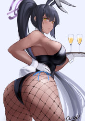 Rule 34 | 1girl, alcohol, animal ears, artist name, ass, bare shoulders, black hair, black leotard, blue archive, breasts, champagne, cliov, closed mouth, commentary, cowboy shot, cup, dark-skinned female, dark skin, detached collar, english commentary, fake animal ears, fishnet pantyhose, fishnets, gloves, grey hair, hair between eyes, halo, hand on own hip, high ponytail, highleg, highleg leotard, highres, holding, holding tray, karin (blue archive), karin (bunny) (blue archive), large breasts, legs apart, leotard, lips, long hair, looking at viewer, looking back, multicolored hair, official alternate costume, pantyhose, playboy bunny, rabbit tail, sideboob, sidelocks, simple background, solo, strapless, strapless leotard, sweat, tail, thighs, tray, very long hair, white background, white gloves, wrist cuffs, yellow eyes