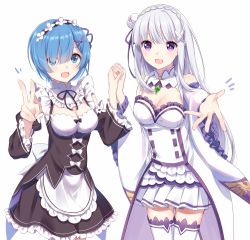 Rule 34 | bare shoulders, blue eyes, blue hair, blue ribbon, blunt bangs, blush, braid, breasts, cleavage, commentary request, detached sleeves, dress, emilia (re:zero), flower, french braid, frills, hair flower, hair ornament, hair over one eye, hair ribbon, holding hands, long hair, looking at viewer, maid, maid headdress, medium breasts, miniskirt, nemu mohu, open mouth, outstretched arm, pleated skirt, pointy ears, purple eyes, re:zero kara hajimeru isekai seikatsu, rem (re:zero), ribbon, rose, short hair, silver hair, simple background, skirt, smile, thighhighs, v, white background, white dress, white flower, white legwear, white rose, x hair ornament