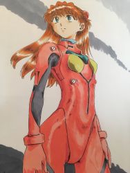 Rule 34 | 1girl, absurdres, blush, bodysuit, breasts, brown hair, curvy, eywy4324, hair between eyes, hair ornament, highres, long hair, looking up, neon genesis evangelion, pilot suit, plugsuit, red bodysuit, shiny clothes, shiny skin, simple background, skin tight, solo, souryuu asuka langley, standing, traditional media, two side up, very long hair, wide hips
