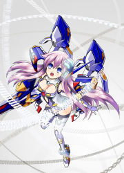 Rule 34 | 1girl, barcode, binary, blue eyes, breasts, cleavage, cleavage cutout, clothing cutout, female focus, hair ornament, highres, leotard, long hair, nepgear, neptune (series), open mouth, parody, purple hair, purple sister, solo, symbol-shaped pupils, temjin, virtual on, yakisoba (kaz2113)