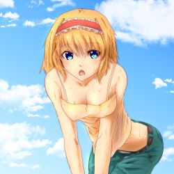 Rule 34 | 1girl, 370ml, :o, alice margatroid, alternate costume, bare shoulders, belt, bent over, blonde hair, blue eyes, blue sky, breasts, casual, cleavage, cloud, cloudy sky, covered erect nipples, cowboy shot, day, denim, exhausted, hair ornament, hairband, jeans, leaning forward, looking at viewer, medium breasts, midriff, no bra, open mouth, outdoors, outline, outstretched arms, pants, short eyebrows, short hair, sky, solo, standing, sweat, touhou