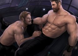 Rule 34 | 2boys, abs, bara, beard, black pants, bulge, character request, couple, crotch grab, dopey (dopq), eye contact, facial hair, foot out of frame, imminent fellatio, large pectorals, light brown hair, looking at another, male focus, marvel, mature male, multiple boys, muscular, muscular male, mustache, navel, nipples, paid reward available, pants, pectorals, short hair, sideburns, spread legs, stomach, stubble, thick eyebrows, thick thighs, thighs, thor (marvel), tight clothes, tight pants, topless male, yaoi