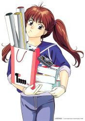Rule 34 | 1990s (style), 1996, 1girl, bag, black eyes, book, book stack, brown hair, carrying, carrying under arm, controller, copyright notice, cowboy shot, denim, frown, game controller, gloves, highres, jeans, long hair, looking at viewer, pants, pc engine fan, retro artstyle, scroll, shopping bag, simple background, sleeves past wrists, solo, takada akemi, white background, white gloves