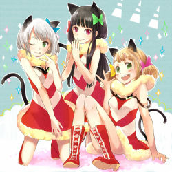 Rule 34 | 3girls, animal ears, bad id, bad pixiv id, black hair, blush stickers, boots, bow, brown hair, cat ears, cat tail, double bun, dress, fur trim, green eyes, hair bow, kneeling, long hair, multiple girls, one eye closed, open mouth, original, own hands together, red eyes, short hair, sitting, smile, strap slip, tail, tanaka (colorcorn), tongue, v, white hair, wink