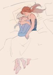 Rule 34 | 2girls, absurdres, anna (frozen), arm around neck, bare arms, barefoot, black camisole, blue shirt, braid, camisole, closed eyes, commentary request, cuddling, elsa (frozen), from above, frozen (disney), frozen 1022, half up braid, highres, holding hands, incest, korean commentary, long hair, long sleeves, multiple girls, on bed, orange hair, pillow, shirt, siblings, single braid, sisters, smile, under covers, white hair, yuri