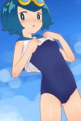 Rule 34 | 1girl, :o, blue eyes, blue hair, blue sailor collar, blue sky, blush, breasts, cameltoe, covered navel, creatures (company), cropped legs, day, game freak, goggles, goggles on head, highres, iwahana, lana (pokemon), looking at viewer, nintendo, one-piece swimsuit, open mouth, pokemon, pokemon (anime), pokemon sm, pokemon sm (anime), sailor collar, shirt, short hair, sky, sleeveless, small breasts, solo, swimsuit, swimsuit under clothes, trial captain, undressing