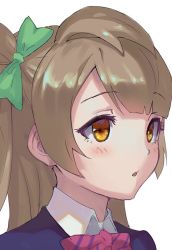 Rule 34 | 10s, 1girl, :o, blunt bangs, blush, bow, bowtie, collared shirt, commentary request, green bow, grey hair, hair bow, haoni, jacket, long hair, looking at viewer, love live!, love live! school idol project, minami kotori, one-hour drawing challenge, one side up, orange eyes, otonokizaka school uniform, parted lips, pink bow, pink bowtie, portrait, purple jacket, school uniform, shirt, simple background, solo, upper body, white background, white shirt, wing collar