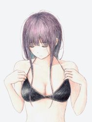 Rule 34 | 1girl, adjusting clothes, bare shoulders, bbmasa, bikini, bikini top only, black bikini, blunt bangs, breasts, cleavage, closed eyes, closed mouth, collarbone, colored pencil (medium), hibike! euphonium, highres, liz to aoi tori, long hair, looking down, purple hair, small breasts, solo, swimsuit, traditional media, white background, yoroizuka mizore