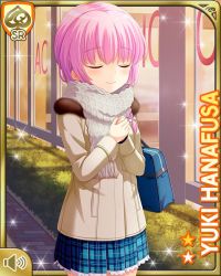 Rule 34 | 1girl, bag, blue bow, blue skirt, bow, bowtie, braid, braided ponytail, card (medium), closed mouth, coat, day, closed eyes, girlfriend (kari), hair ornament, hair scrunchie, hanafusa yuki, handbag, official art, outdoors, own hands together, pink hair, plaid, plaid skirt, ponytail, qp:flapper, red eyes, scarf, school uniform, scrunchie, shirt, shoes, skirt, smile, solo, standing, storefront, sweater, sweater vest, tagme, thighhighs, white shirt, winter clothes, winter coat, yellow sweater