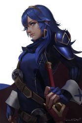 Rule 34 | 1girl, armor, blue eyes, blue hair, blue shirt, cape, closed mouth, commentary, daniel deng, english commentary, fingerless gloves, fire emblem, fire emblem awakening, gloves, hair between eyes, highres, holding, holding sword, holding weapon, long hair, lucina (fire emblem), nintendo, ribbed sleeves, sheath, shirt, shoulder armor, solo, strap, sword, tiara, weapon, wrist cuffs