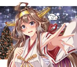 1girl ahoge bare_shoulders blush breasts brown_hair christmas_tree crying crying_with_eyes_open detached_sleeves double_bun embarrassed fang hair_bun hand_on_own_chest headgear highres kantai_collection kongou_(kancolle) kongou_kai_ni_(kancolle) koutetunamekuji large_breasts long_hair looking_at_viewer nontraditional_miko outstretched_arm purple_eyes ribbon-trimmed_sleeves ribbon_trim skin_fang solo tears upper_body