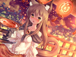 Rule 34 | 1girl, animal ears, bare shoulders, blush, brooch, brown eyes, brown hair, imaizumi kagerou, jewelry, lantern, long hair, looking at viewer, open mouth, sakazuki, shirt, skirt, solo, tail, touhou, volcano (liao), wolf ears, wolf tail