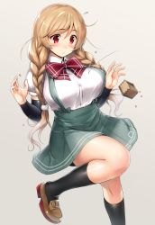 Rule 34 | 1girl, arm warmers, beans, black socks, blush, bow, bowtie, box, braid, breasts, brown footwear, brown hair, cloud hair ornament, grey background, highres, kantai collection, kneehighs, large breasts, light brown hair, loafers, long hair, looking down, masu, minegumo (kancolle), plaid, plaid bow, plaid bowtie, plaid neckwear, pleated skirt, red bow, red bowtie, red eyes, shinozuka jouji, shirt, shoes, short sleeves, simple background, skirt, socks, solo, suspender skirt, suspenders, twin braids, white shirt