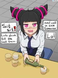 Rule 34 | 1girl, absurdres, alcohol, bespectacled, black hair, black skirt, blue necktie, blunt bangs, blush, bottle, breasts, commentary, devon (devsf4), drill hair, drooling, drunk, english commentary, english text, glass, glasses, han juri, highres, large breasts, looking at viewer, necktie, nose blush, office lady, out of character, pencil skirt, pouring, purple eyes, semi-rimless eyewear, shirt, short hair, sitting, skirt, solo, street fighter, street fighter iv (series), table, tile floor, tiles, twin drills, twitter username, under-rim eyewear, watermark, white shirt