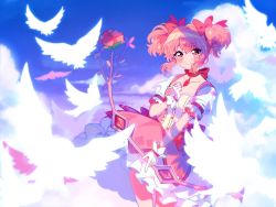 Rule 34 | 1girl, animal, bird, blue sky, blue theme, blush, bow (weapon), bubble skirt, choker, clenched hand, closed mouth, cloud, cloudy sky, collarbone, commentary, contrapposto, cowboy shot, day, dot nose, english commentary, eyelashes, flower, frilled skirt, frilled sleeves, frills, gloves, glowing, gradient sky, hair ribbon, hand on own chest, hand up, happy, heart, heart in eye, highres, holding, holding bow (weapon), holding weapon, kaname madoka, leaf, legs together, looking at viewer, mahou shoujo madoka magica, mahou shoujo madoka magica (anime), outdoors, pastel colors, pink eyes, pink flower, pink hair, pink ribbon, pink rose, pink theme, puffy short sleeves, puffy sleeves, purple sky, red choker, red neckwear, ribbon, ribbon choker, rose, savi (byakushimc), shaded face, short sleeves, short twintails, sidelocks, silhouette, skirt, sky, smile, solo, soul gem, sparkle, symbol in eye, tareme, thigh gap, twintails, weapon, white gloves, white skirt, white theme